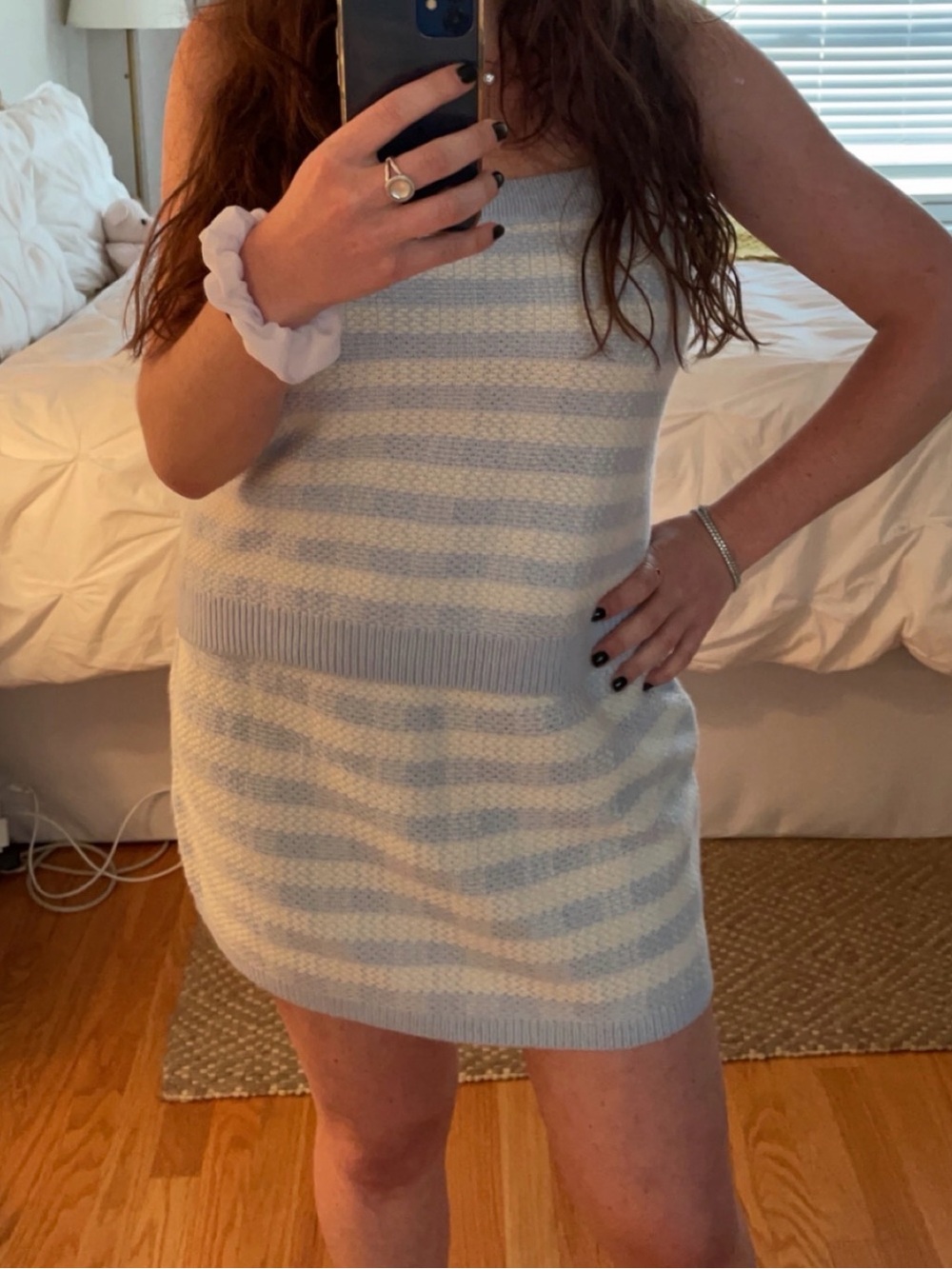 Aqua Brand - Sweater Tank and Skirt Set in Gingham Stripe Baby Blue - Size Large